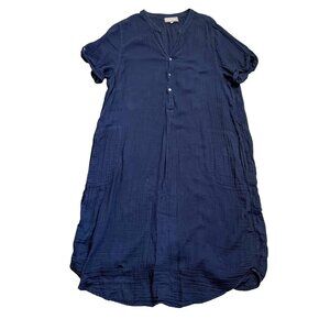 Michael Stars Women's Tunic Shirt Dress L Blue Crinkle Gauze V-Neck Short Sleeve